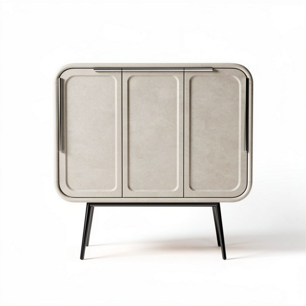 Contemporary sideboard cabinet in textured light gray finish with black legs 90 x 40 x 85cm