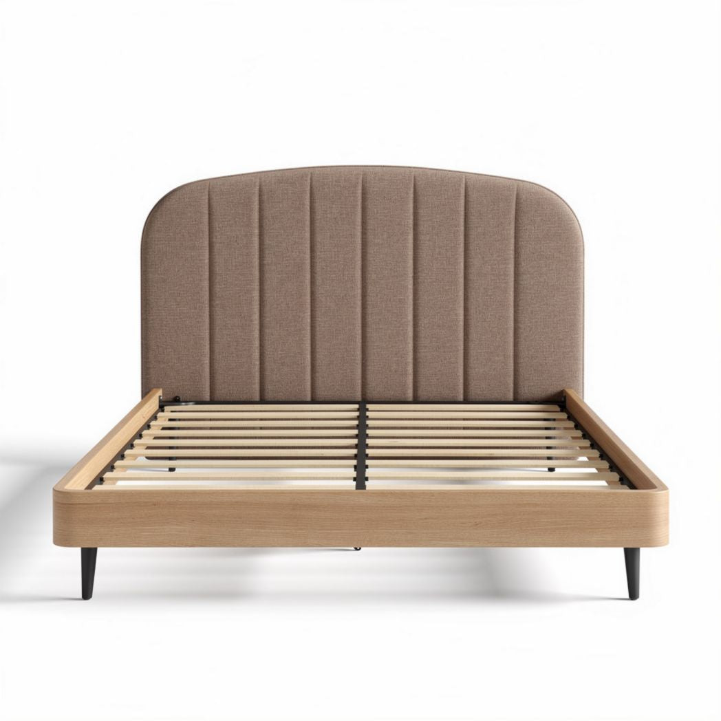 Upholstered bed frame with wooden slats and a beige headboard 200 x 160 x 100cm