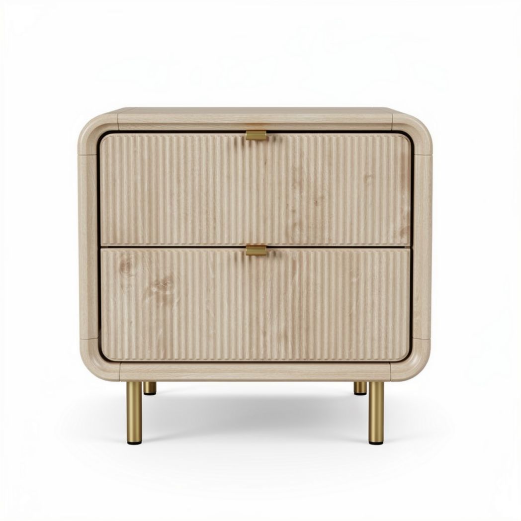Wooden nightstand with ribbed drawers and metal legs in beige color 50 x 40 x 45cm