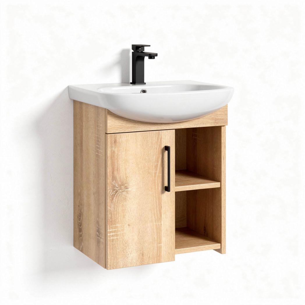Wall-mounted bathroom vanity with storage cabinet and ceramic sink in oak finish 60 x 45 x 85cm