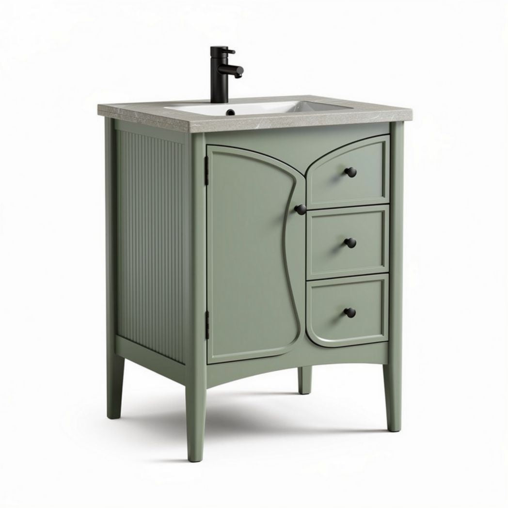Green bathroom vanity with stone top and three drawers 30 x 18 x 34 inches