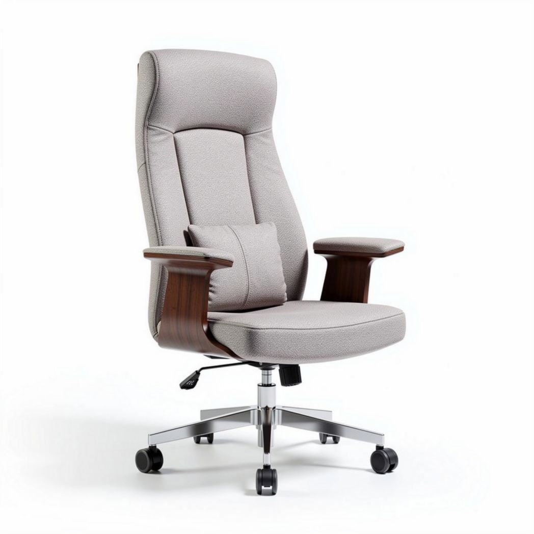 Ergonomic office chair with lumbar support in light grey fabric and wood accents 60 x 65 x 120cm