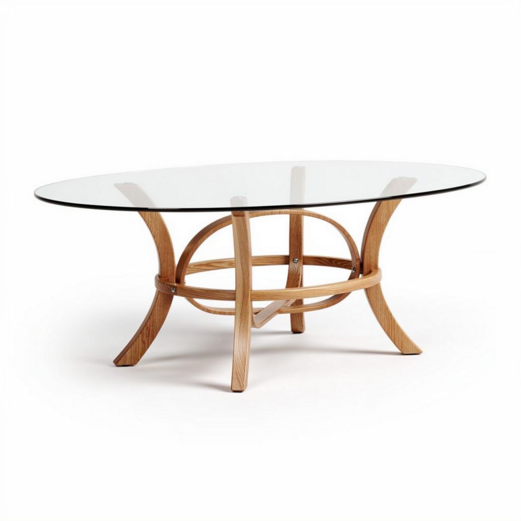 Glass top oval coffee table with natural wood base 60 x 40 x 100cm